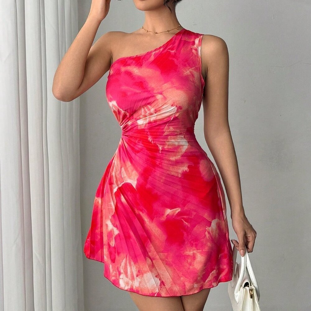 Watermelon Pink Open Shoulder Fitted Women's Summer Dress - Picture 4 of 6